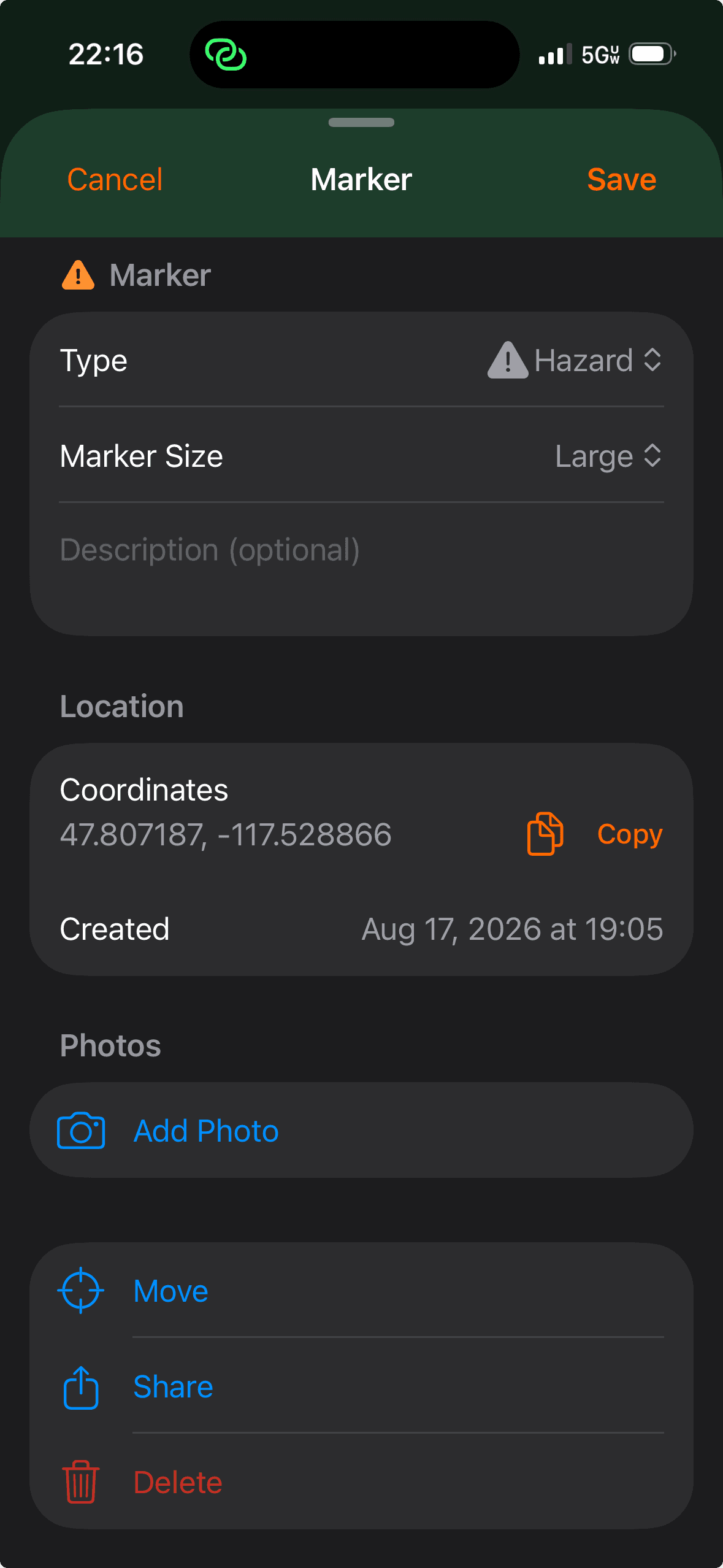 MCG Maps Marker editor showing Hazard type, coordinates, photo, move, share, and delete controls