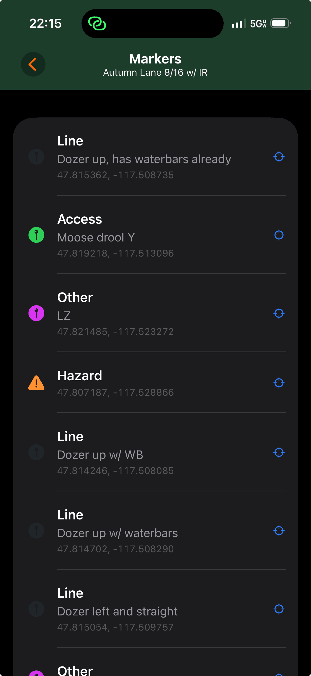 Markers list showing Line, Access, Other, and Hazard Marker types with coordinates